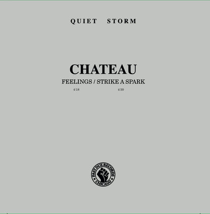 Portada minimalista del vinilo Chateau – Feelings / Strike A Spark editado por Past Due, con fondo gris y tipografía sobria que resalta el sello Quiet Storm Records.
