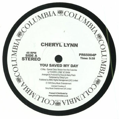 Vinilo 12" reedición de Cheryl Lynn – You Saved My Day / Got To Be Real, etiqueta central lado A con créditos, duración 5:38 y catálogo Columbia PR65004P.