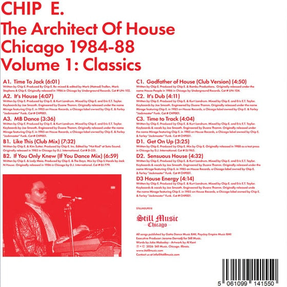 Contraportada del vinilo Chip E – The Architect Of House - Chicago 1984-88. Volume 1: Classics con pistas y créditos.