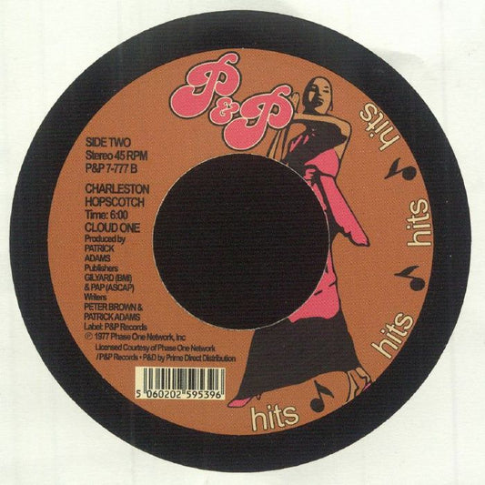 Contraportada del vinilo Cloud One – Disco Juice, publicado por P&P Records en 7". Contiene los créditos y el tema "Charleston Hopscotch" en el lado B.