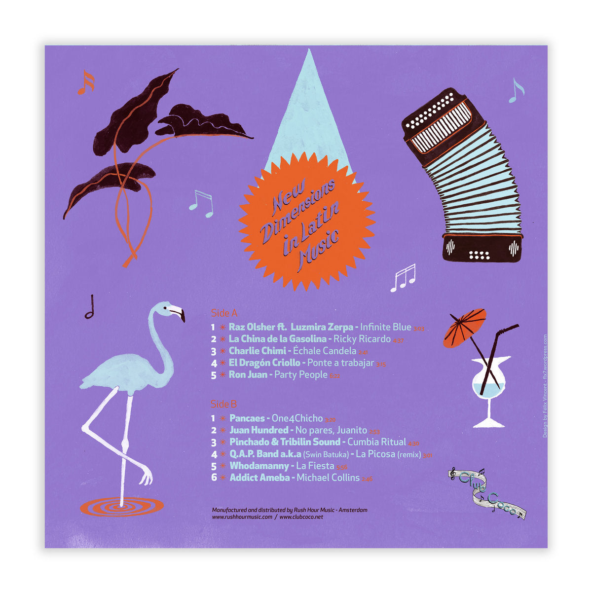 Contraportada del vinilo Coco Maria Presents – Club Coco (New Dimensions In Latin Music), LP compilación Club Coco con fondo morado, tracklist completo y arte gráfico tropical y musical