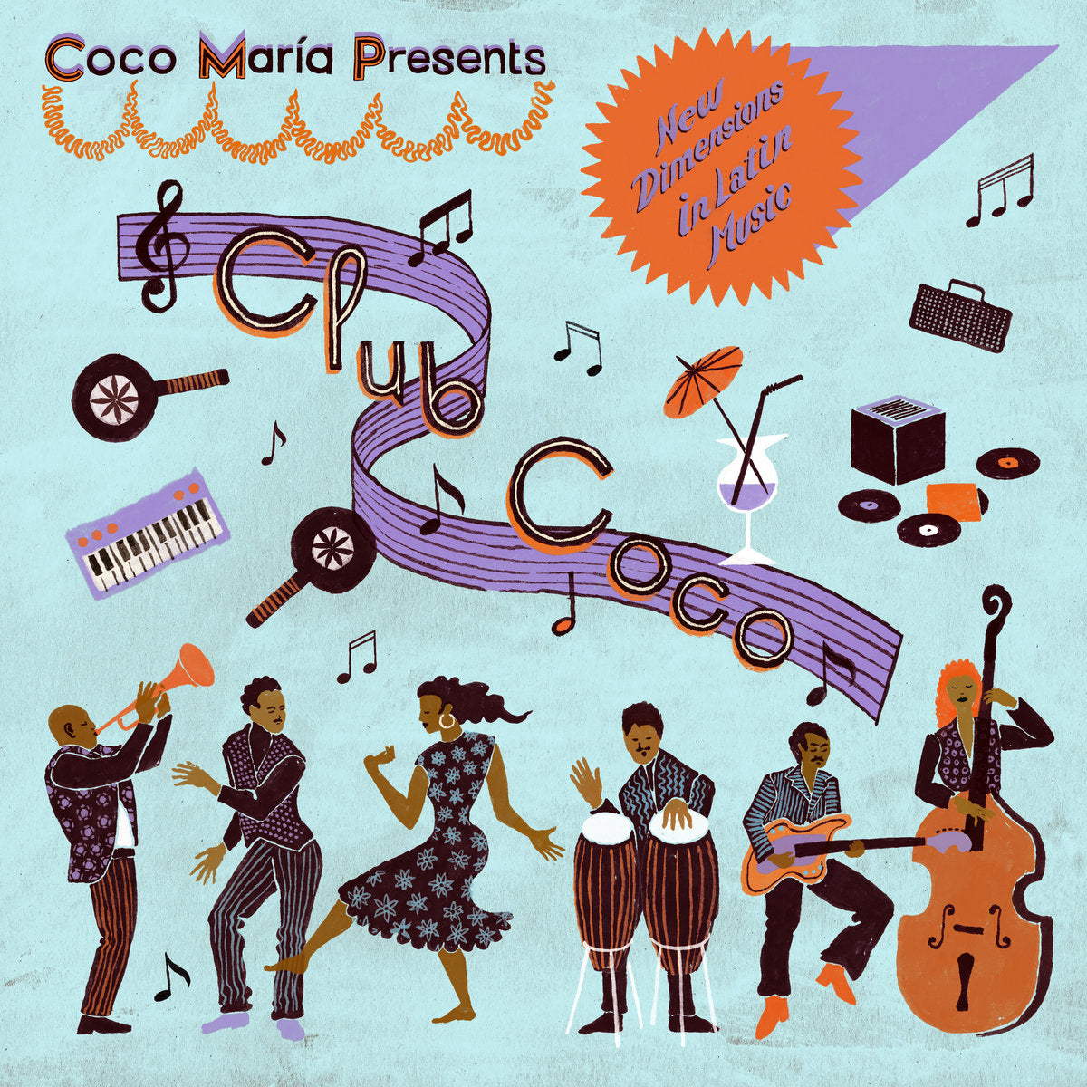 Portada del vinilo Coco Maria Presents – Club Coco (New Dimensions In Latin Music), LP compilación Club Coco con ilustración colorida de músicos bailando y símbolos latinos.