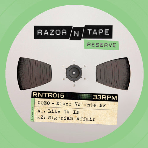 Portada delantera del vinilo COEO – Disco Volante EP editado por Razor-N-Tape Reserve en formato 12" verde. Texto impreso: COEO – Disco Volante EP.