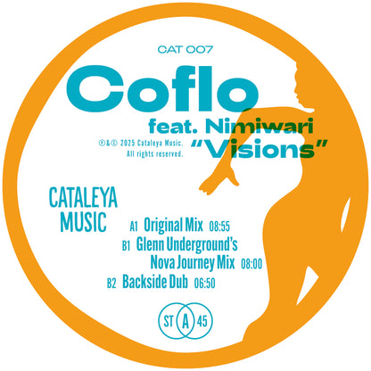 Portada delantera del vinilo Coflo Feat. Nimiwari – Visions, lanzado por Cataleya Music en formato 12". Muestra el logo del sello y la lista de canciones.
