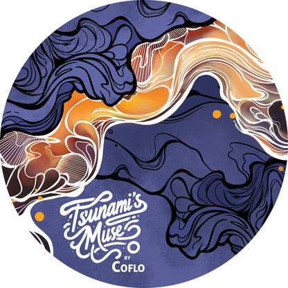 Etiqueta central lado A del vinilo 12" Coflo – Tsunami's Muse en Sacred Medicine con logo artístico y diseño abstracto.