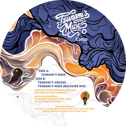 Etiqueta central lado B del vinilo 12" Coflo – Tsunami's Muse en Sacred Medicine mostrando listado de pistas, créditos y arte visual.