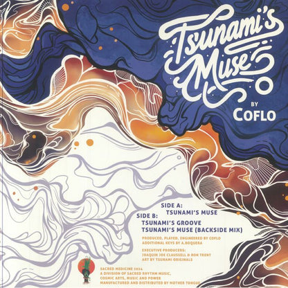 Contraportada del vinilo 12" Coflo – Tsunami's Muse en Sacred Medicine con créditos, pistas y arte fluido en tonos cálidos.
