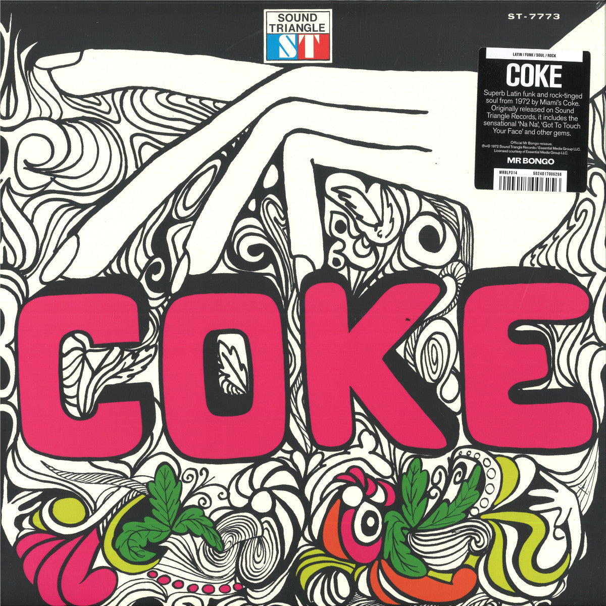 Portada psicodélica del vinilo Coke – Coke, reedición en LP por Mr Bongo con arte floral y tipografía bold.