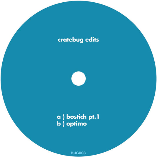 Portada delantera del vinilo Cratebug – Cratebug Edits, publicado por Bug Records (CHGO), en formato 12" verde. Texto impreso: cratebug edits. a) bostich pt.1 b) optimo.