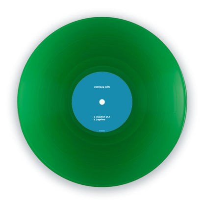 Vinilo 12" verde Cratebug – Cratebug Edits, lanzado por Bug Records (CHGO), en vista general. Texto impreso: cratebug edits. a) bostich pt.1 b) optimo.