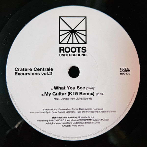 Lado A del vinilo Cratere Centrale – Excursions vol.2, 7" en Roots Underground Records, con logo central, pistas What You See (05:02) y My Guitar (K15 Remix) (05:03), créditos y catálogo RU013V.