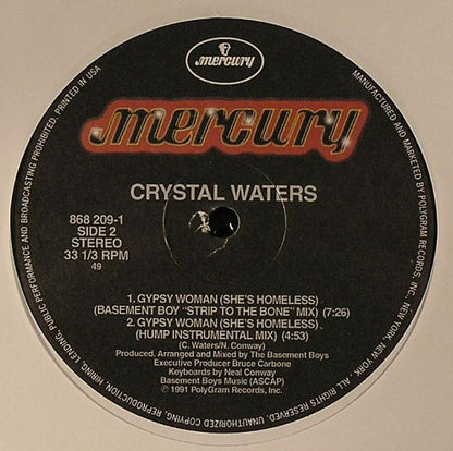Contraportada del vinilo de Crystal Waters - "Gypsy Woman (She’s Homeless)", lanzado por Mercury en formato 12". Incluye lista de canciones y créditos de producción.