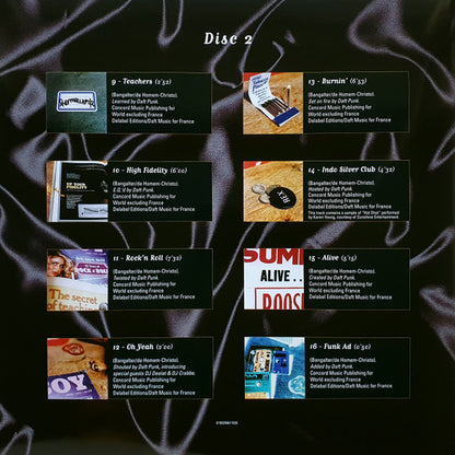 Insert del vinilo Daft Punk – Homework con visual de "Disc 2", mostrando las miniaturas de las pistas 9 a 16. Diseño visual sobre fondo satinado, ideal para DJs y coleccionistas.