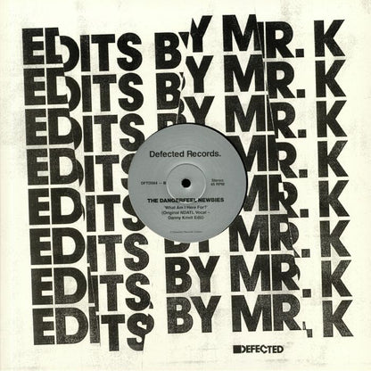 Portada trasera del vinilo 12" Danny Krivit – Edits By Mr. K, lanzado por Defected. Diseño tipográfico con “Edits By Mr. K” y detalles de las pistas.