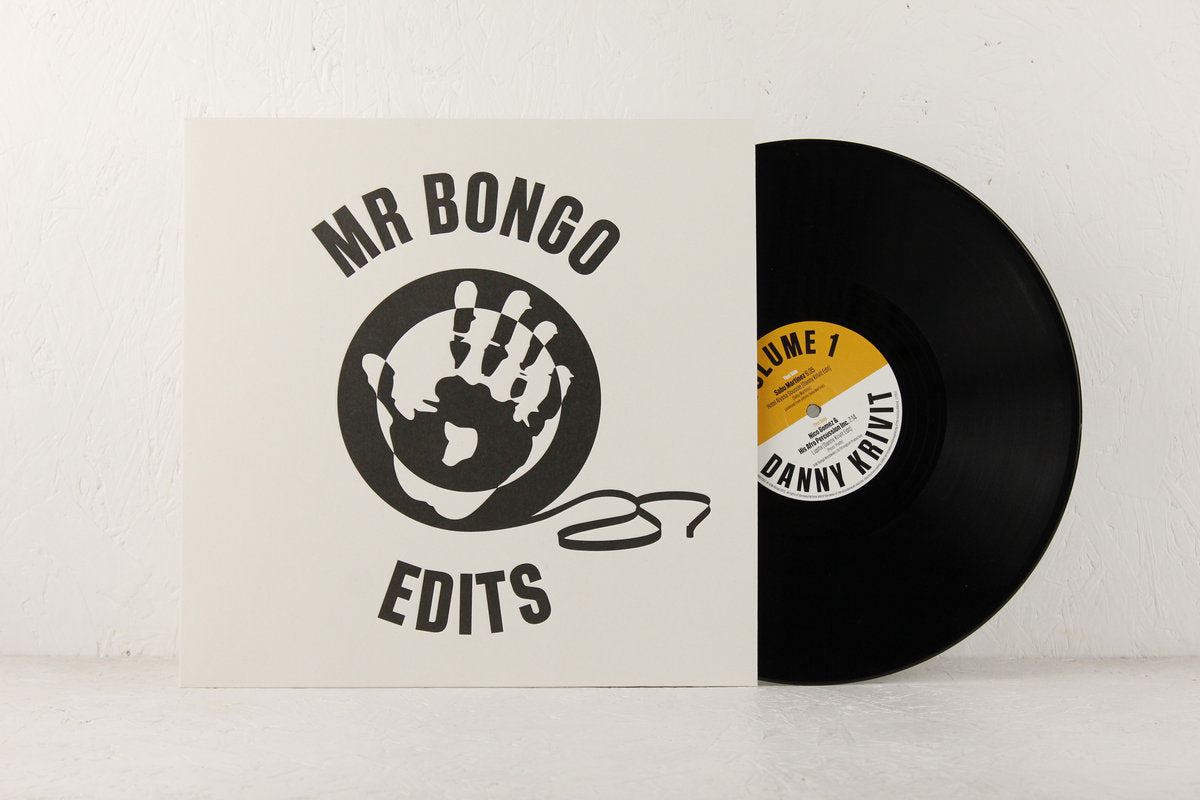 Funda y vinilo negro de Danny Krivit – Mr Bongo Edits Volume 1, con etiqueta central blanca y amarilla.