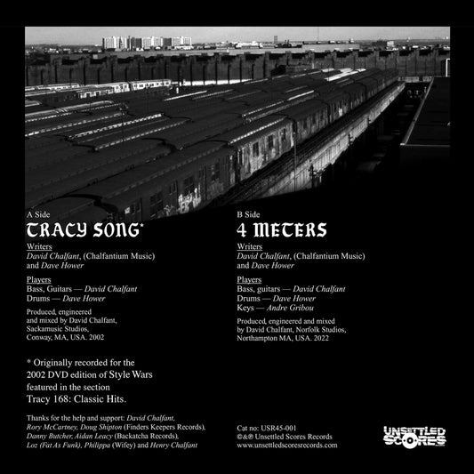 Contraportada del vinilo David Chalfant – Tracy Song mostrando créditos, pistas y trenes grafiteados al atardecer, reimpresión 7" por Unsettled Scores Records.