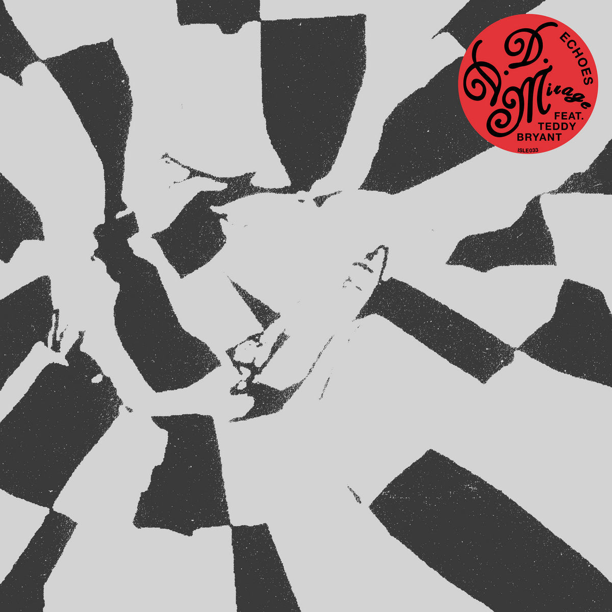 Portada del vinilo 10" D.D. Mirage Feat. Teddy Bryant – Echoes en Isle Of Jura, arte abstracto en blanco y negro con sello rojo circular.