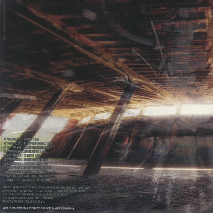 Portada trasera del vinilo "DeepChord – Vantage Isle" de echospace [detroit]. Incluye lista de canciones y créditos. Edición especial en 3x12" transparente.