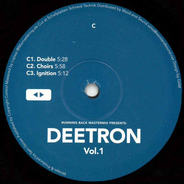 Etiqueta del lado C del vinilo Deetron – Running Back Mastermix: Deetron Vol. 1 en azul, mostrando las pistas Double, Choirs e Ignition con sus duraciones y créditos visibles.