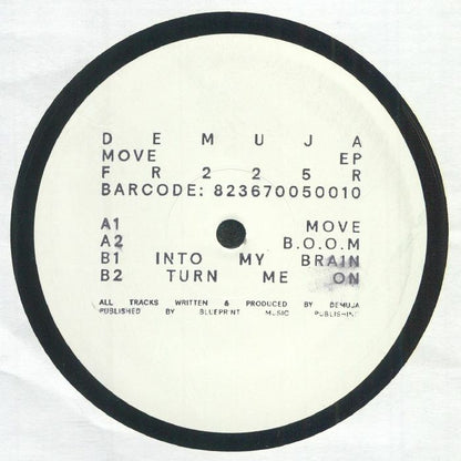 Portada trasera del vinilo Demuja - Move E.P. en Freerange Records (12"). Incluye la lista de canciones con créditos de producción y publicación.