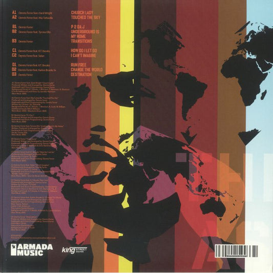 Portada trasera del vinilo Dennis Ferrer – The World As I See It editado por King Street Sounds. Texto impreso: listado completo de canciones por lado, créditos, logos de Armada Music y King Street.