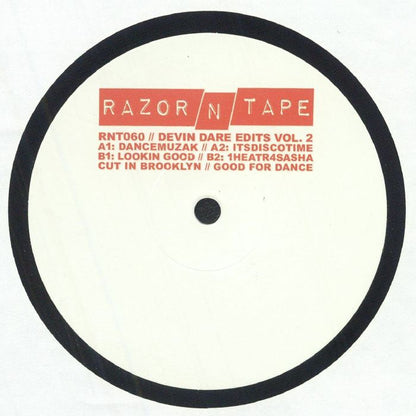 Portada del vinilo "Devin Dare Edits Vol. 2" de Devin Dare, publicado por Razor-N-Tape en formato 12". Diseño minimalista con texto rojo y borde negro.