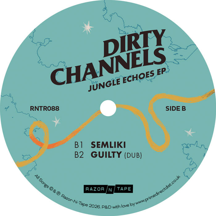 Lado B del vinilo Dirty Channels – Jungle Echoes EP: etiqueta turquesa con B1, B2, catálogo RNTR088 y sello Razor-N-Tape.