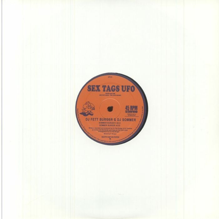 Contraportada del vinilo DJ Fett Burger & DJ Sommer – Sommer Burger House Life Vol 1 con funda blanca y centro visible del lado B con créditos y catálogo del sello Sex Tags UFO.