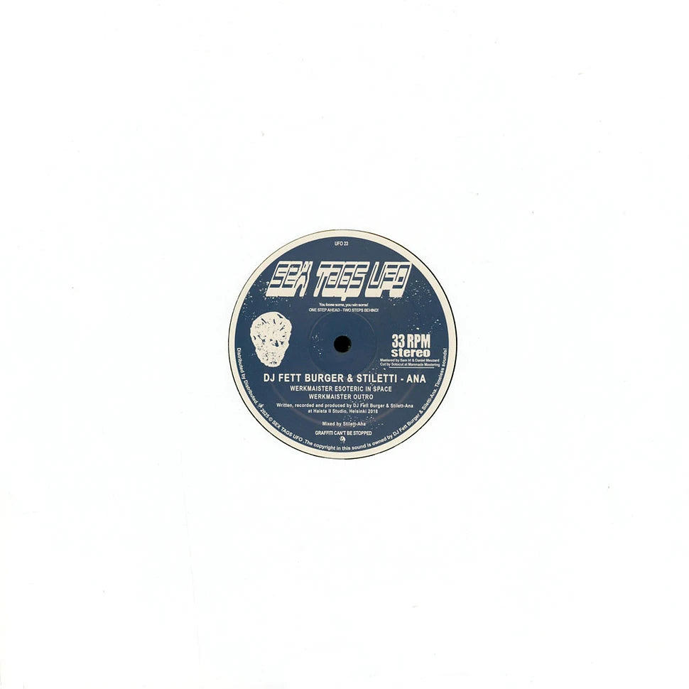 Contraportada del vinilo DJ Fett Burger & Stiletti-Ana – Werkmaister en 12", mostrando la etiqueta azul del sello Sex Tags UFO centrada sobre fondo blanco.