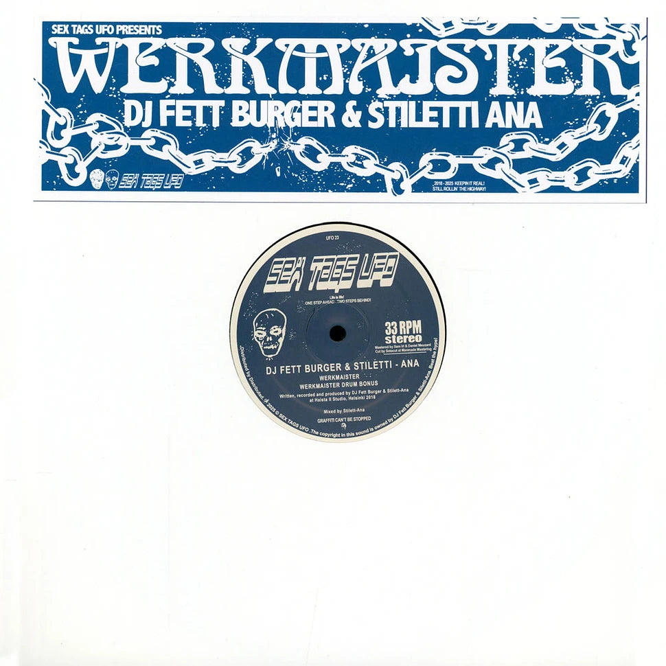 Portada del vinilo DJ Fett Burger & Stiletti-Ana – Werkmaister en 12", con funda blanca y banda azul del sello Sex Tags UFO en la parte superior.