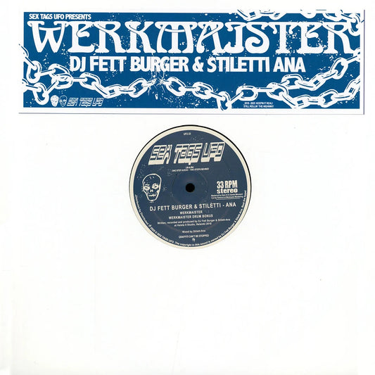 Portada del vinilo DJ Fett Burger & Stiletti-Ana – Werkmaister en 12", con funda blanca y banda azul del sello Sex Tags UFO en la parte superior.