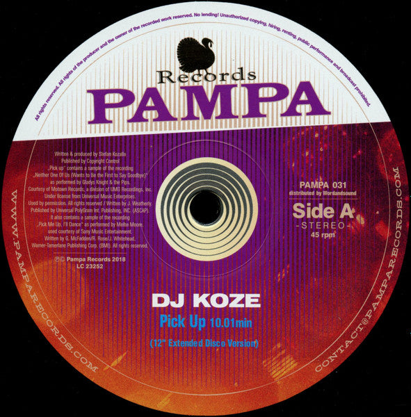 Etiqueta central del vinilo DJ Koze – Pick Up (12") de Pampa Records, lado A con “Pick Up”, versión disco extendida de 10:01 min.