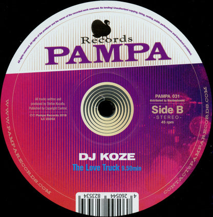 Centro del vinilo DJ Koze – Pick Up (12"), lado B con “The Love Truck” (9:50 min), editado por Pampa Records.