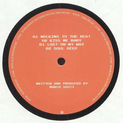 Portada trasera del vinilo DJ Soch – Deep Inside EP publicado en el sello Chiwax. Texto impreso: A1 WOLKING TO THE BEAT, A2 KISS ME BABY, B1 LOST ON MY WAY, B2 SOUL DEEP, WRITTEN AND PRODUCED BY MARCO SOCCI, B.