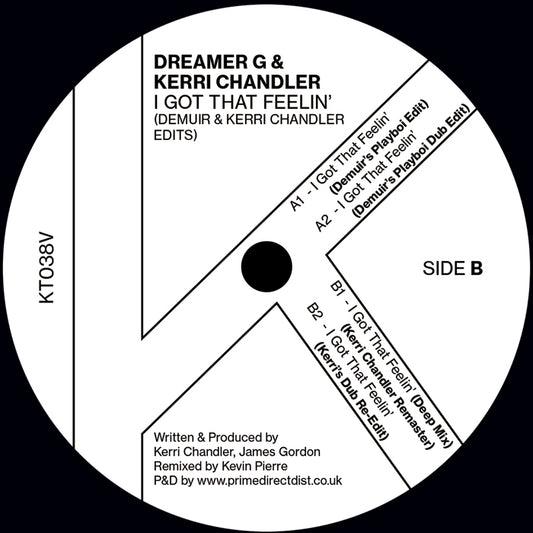 Lado B del vinilo Dreamer G & Kerri Chandler – I Got That Feelin', editado por Kaoz Theory en 12”. Texto impreso: incluye créditos, títulos de tracks y código KTO38V.
