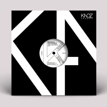 Portada delantera del vinilo Dreamer G & Kerri Chandler – I Got That Feelin' editado por Kaoz Theory en 12”. Texto impreso: diseño gráfico en blanco y negro con logo KA y etiqueta visible.