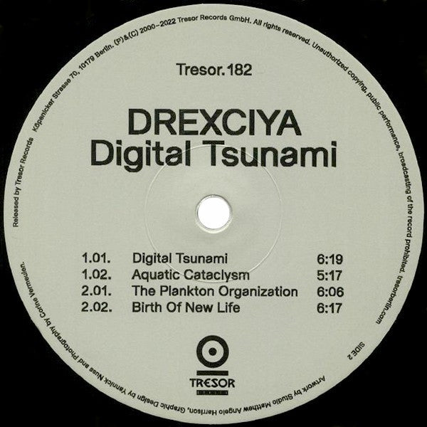 Etiqueta del lado B del vinilo Drexciya – Digital Tsunami con listado de pistas, duraciones y catálogo Tresor en reedición 12''.