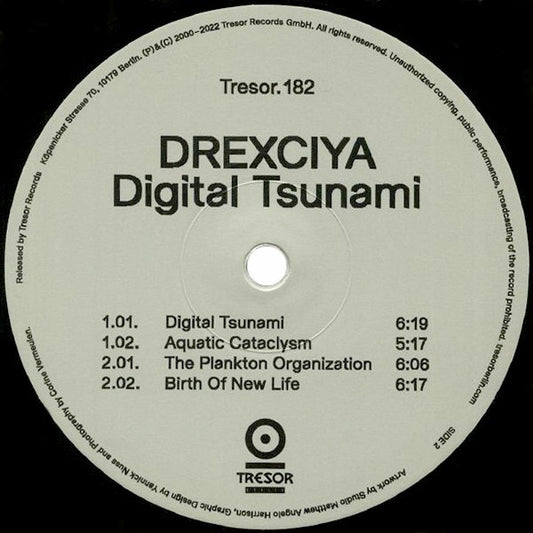 Etiqueta del lado B del vinilo Drexciya – Digital Tsunami con listado de pistas, duraciones y catálogo Tresor en reedición 12''.