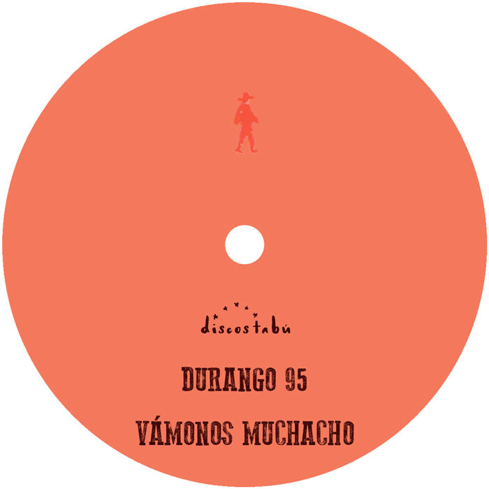 Lado A del vinilo Durango 95 – Vámonos Muchacho LP Álbum: etiqueta naranja con logo del sello discográfico y listado de Puentes de Paz y más pistas.