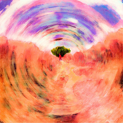 Portada del vinilo Durango 95 – Vámonos Muchacho LP Álbum: arte psicodélico en tonos naranjas y violetas con figura central y paisaje distorsionado.