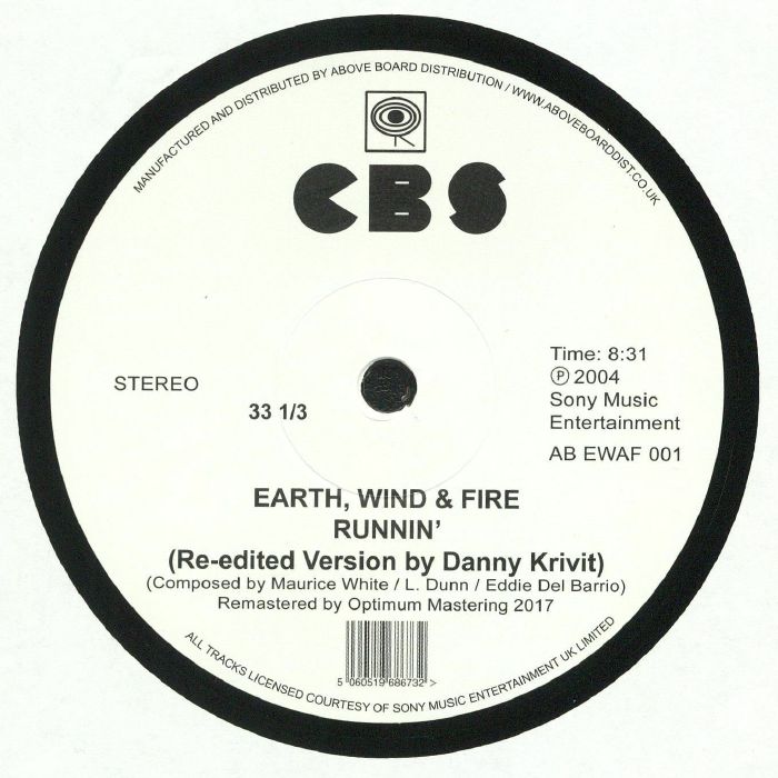 Contraportada del vinilo de 12" de Earth, Wind & Fire – Runnin’. Remasterizado en 2017 por Optimum Mastering. Sello CBS.