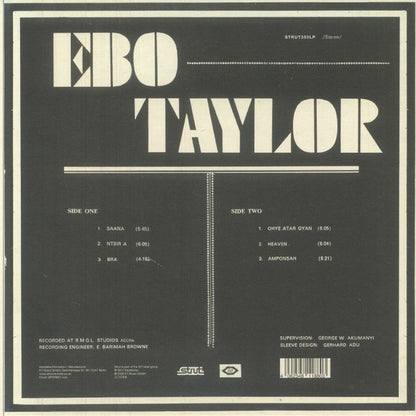 Contraportada del vinilo Ebo Taylor – Ebo Taylor LP reedición Strut, con tracklist lado A y B, duraciones y créditos impresos en fondo negro.