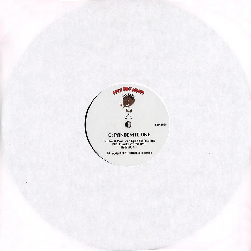 Contraportada del vinilo Eddie Fowlkes – 1-2-3: funda blanca y etiqueta del lado C con “Pandemic One” y créditos.