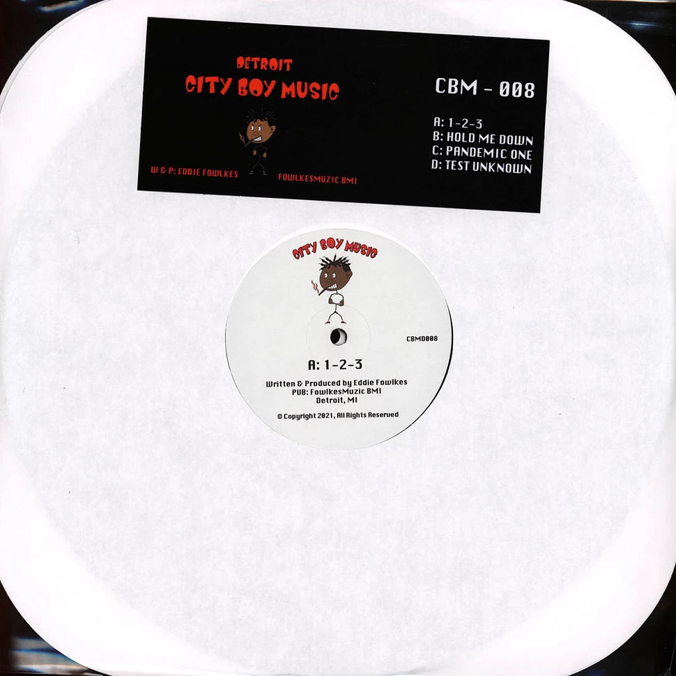 Portada del vinilo Eddie Fowlkes – 1-2-3: funda blanca, etiqueta del lado A y sticker City Boy Music con tracklist.
