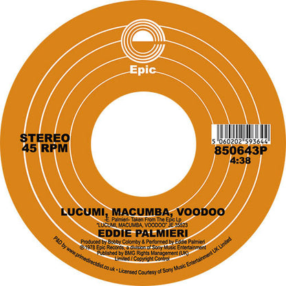 Etiqueta central lado B del vinilo Eddie Palmieri – Spirit Of Love en formato 7", 45 RPM reedición de Epic, con diseño naranja, tema “Lucumi, Macumba, Voodoo”, créditos completos, duración 4:38 y número de catálogo 850643P.