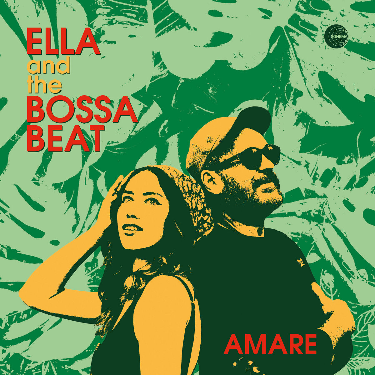 Portada del vinilo Ella And The Bossa Beat – Amare, con retrato gráfico de Ella Blu y Magrus Borges en verde y amarillo.