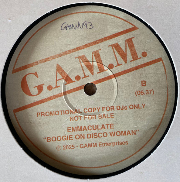 Etiqueta lado B del vinilo Emmaculate & DJ Spen – Step Into A Black Whole / Boogie On Disco Woman con tema Boogie On Disco Woman de 6:37 en G.A.M.M.