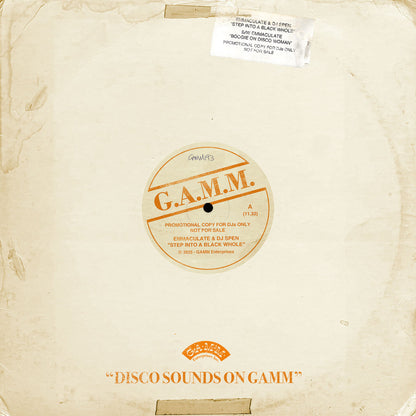 Vinilo 12" Emmaculate & DJ Spen – Step Into A Black Whole / Boogie On Disco Woman en funda G.A.M.M. promocional gastada.