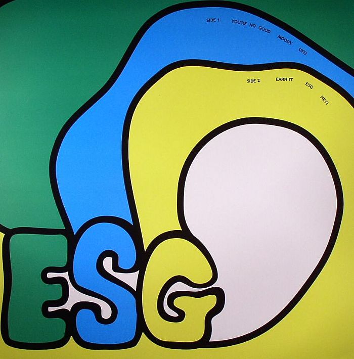 Portada delantera del vinilo ESG – ESG, lanzado bajo el sello 99 Records. Diseño colorido con formas abstractas y el nombre de la banda en grande.