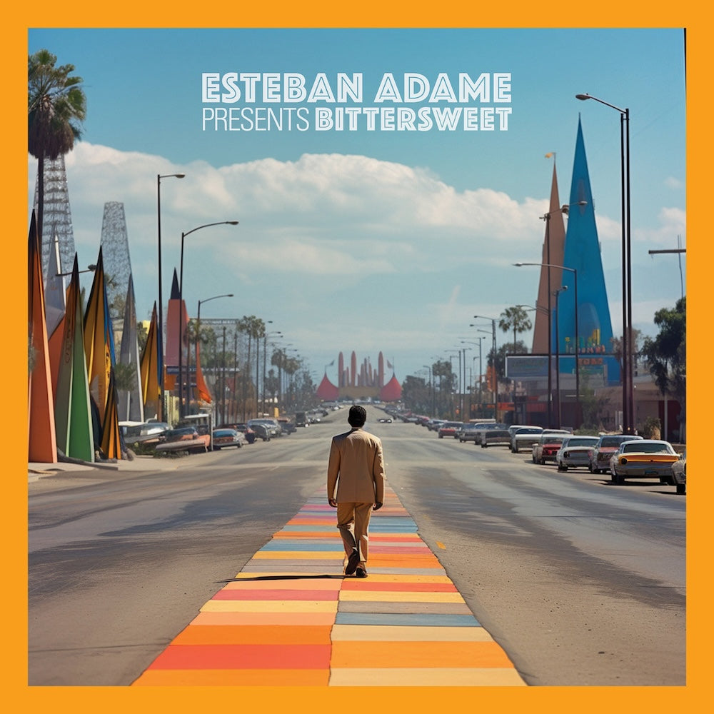 Portada delantera del vinilo "Bittersweet" de Esteban Adame, lanzado por el sello Unincorporated Trax en formato 12". El diseño muestra a una figura caminando por una calle con una alfombra de colores vibrantes, rodeado de automóviles y arquitectura futurista. Texto impreso: "ESTEBAN ADAME PRESENTS BITTERSWEET".